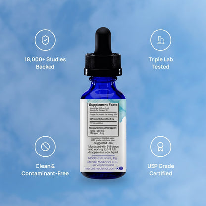 Meraki Blu USP Grade Methylene Blue Solution – Third-Party Tested 1% Liquid Formula, High Purity Blue Formula, 30ml Glass Dropper Bottle
